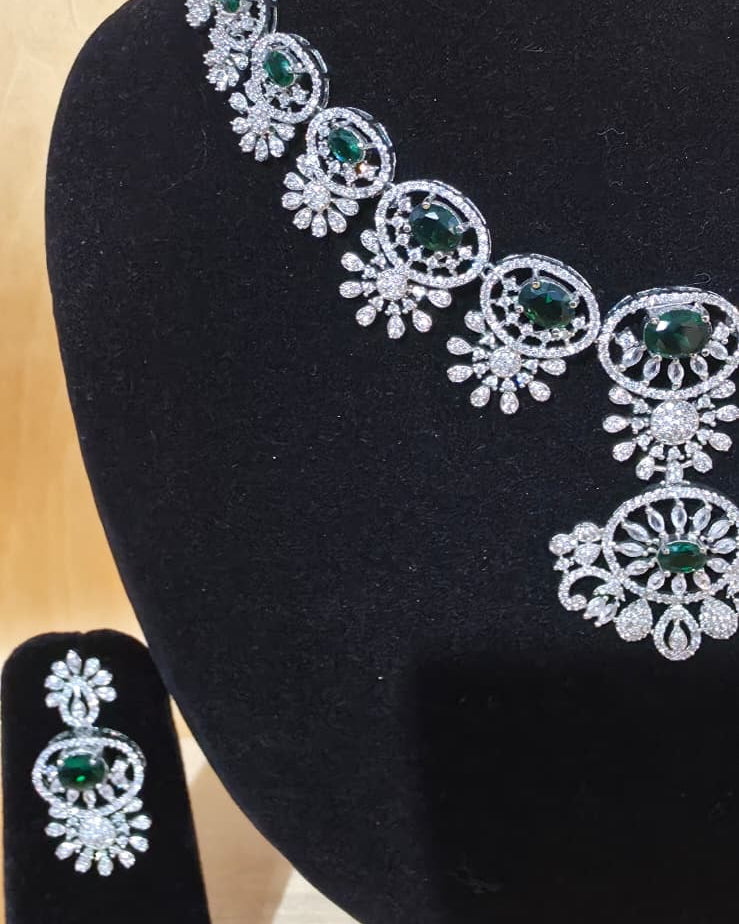 Emerald green and white cz diamond look necklace set