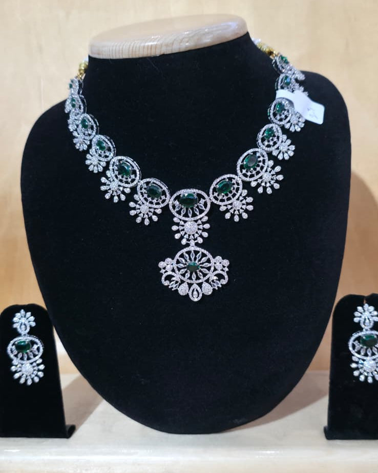 Emerald green and white cz diamond look necklace set