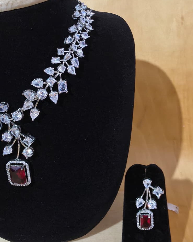 Ruby floral AD stone neckpiece with earrings