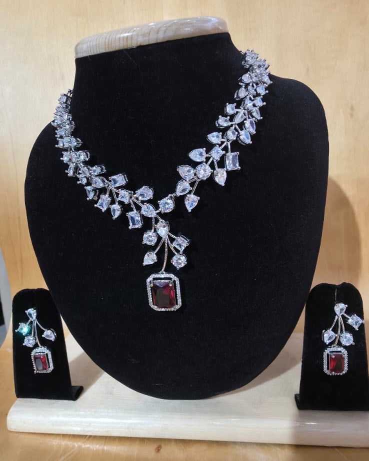Ruby floral AD stone neckpiece with earrings
