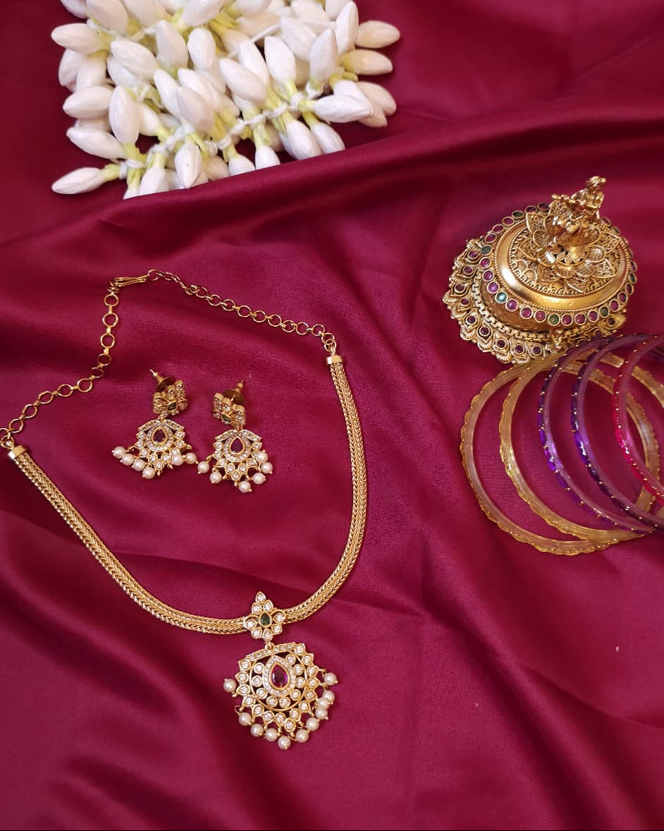 Ruby Green Attigai Necklace Set with Earring