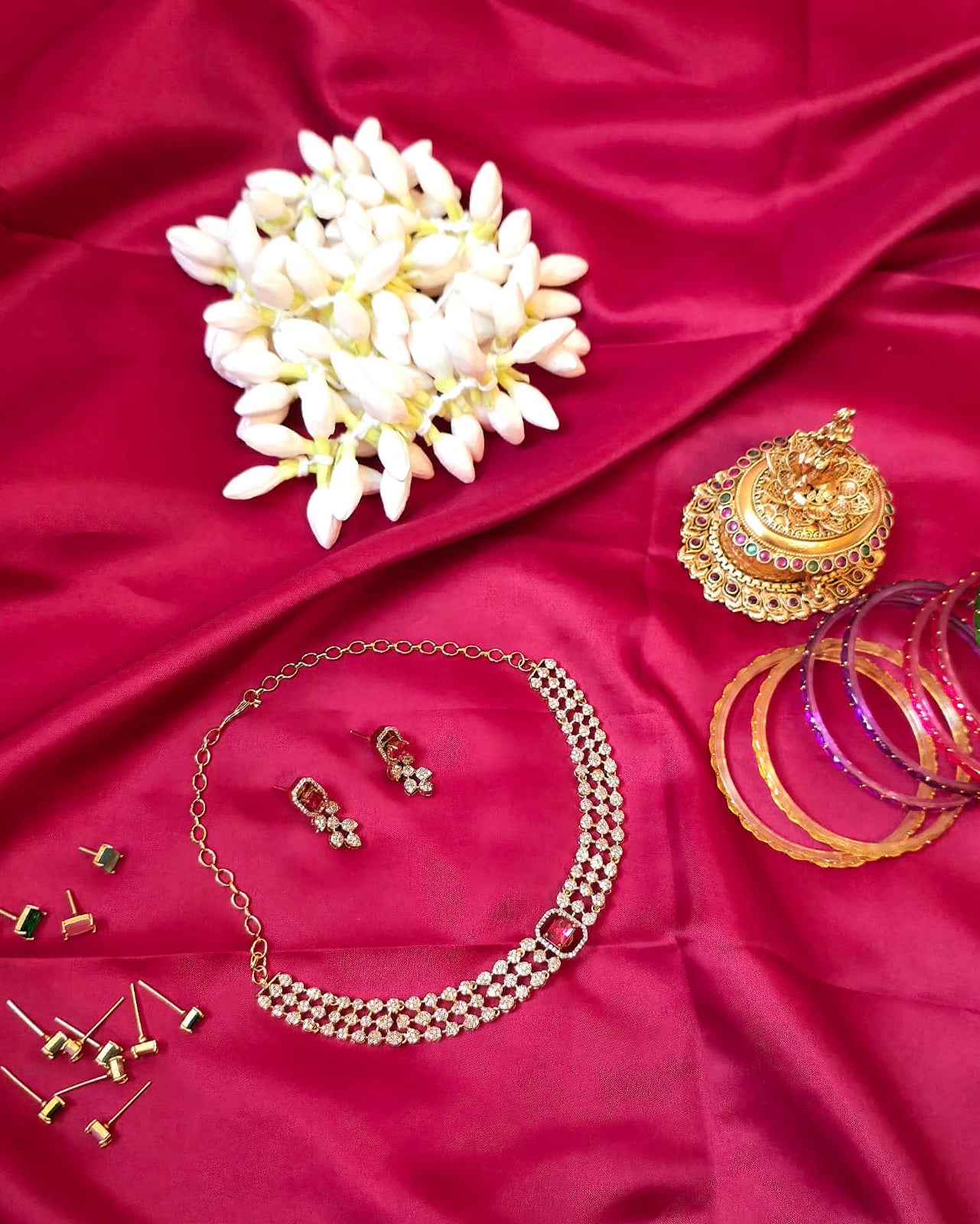 Ruby Stone CZ Layered Choker Necklace Set