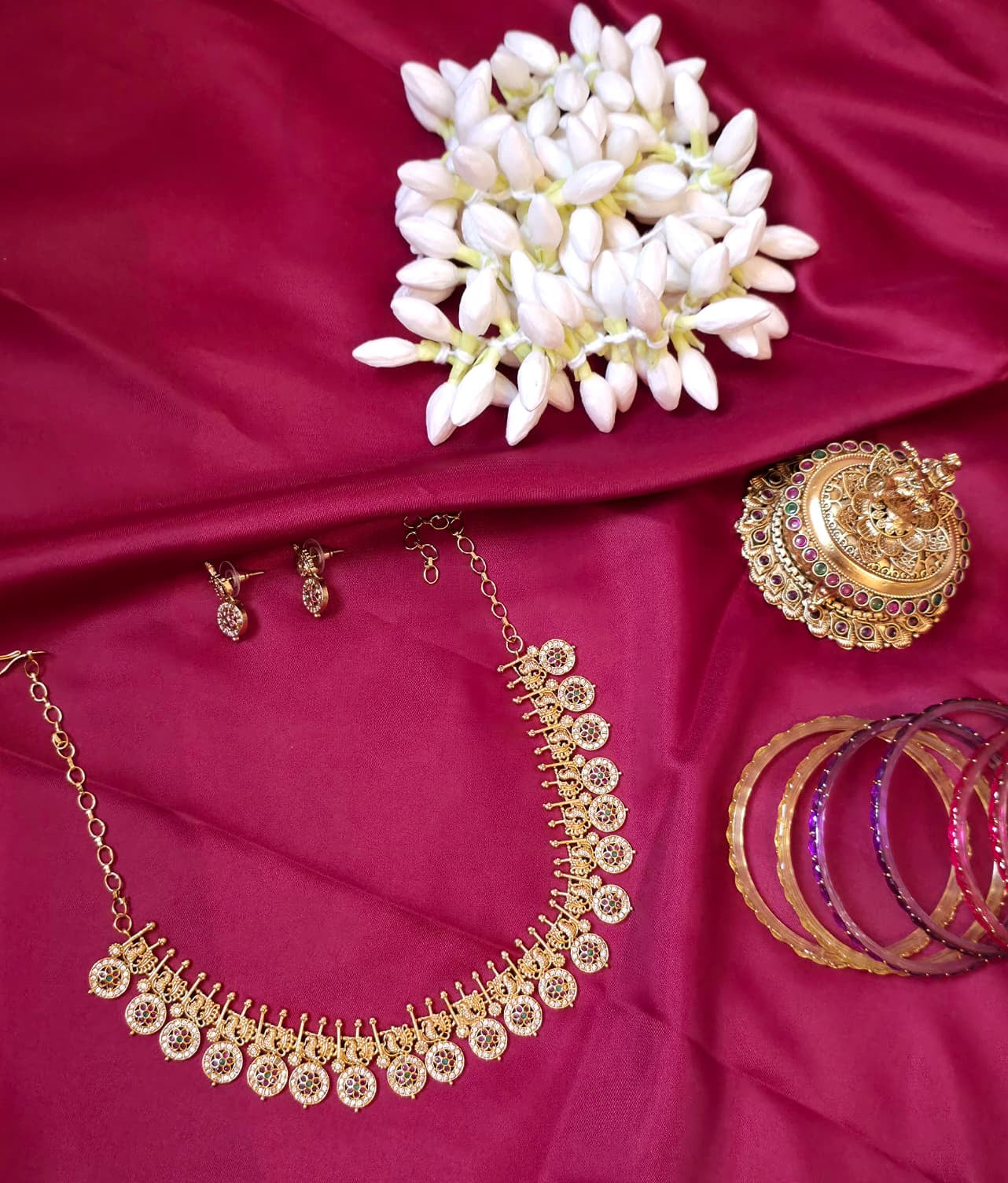 Traditional CZ Lakshmi Coin Necklace Set with Earrings