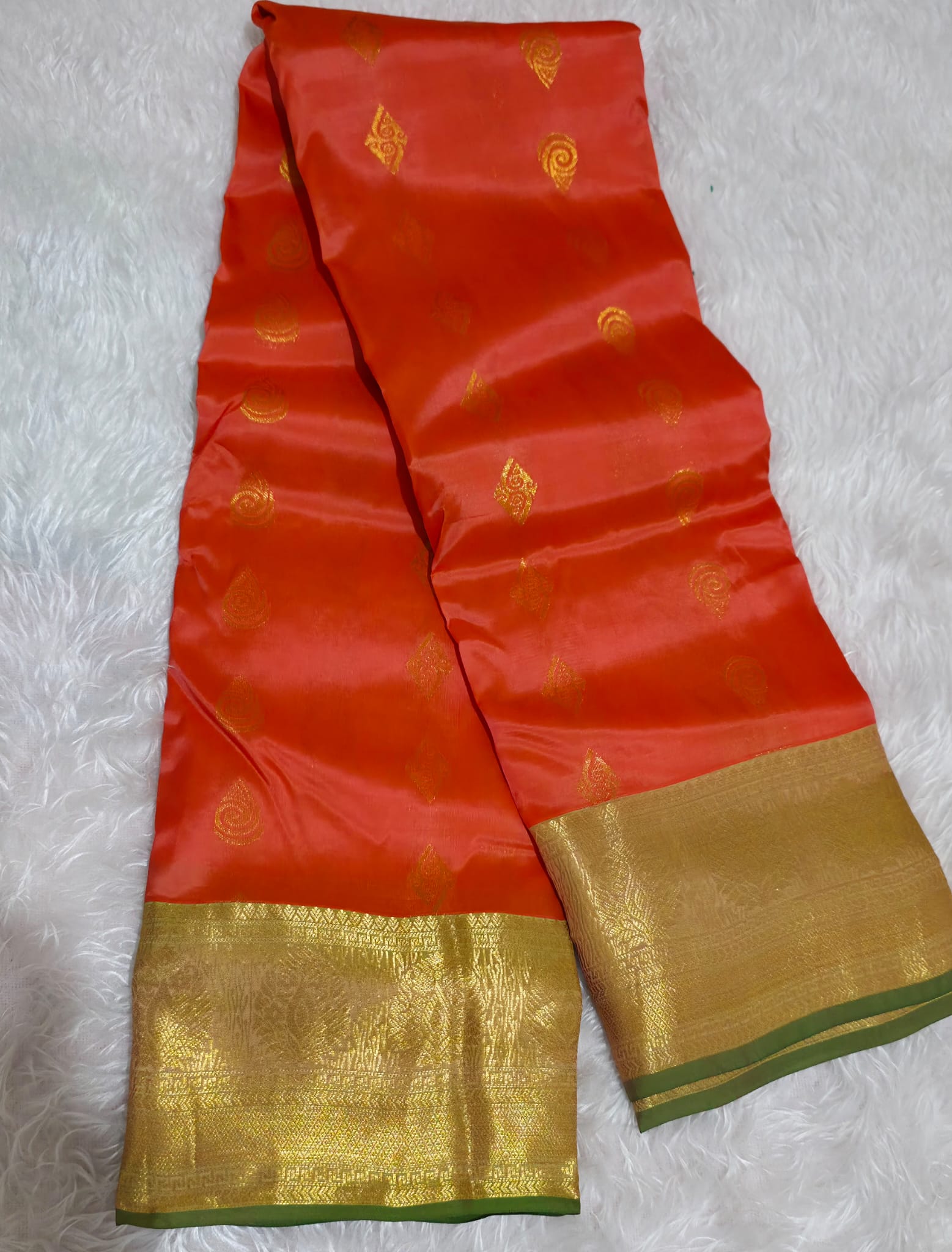 Traditional Orange & Green Soft Silk Saree with Rich Gold Zari