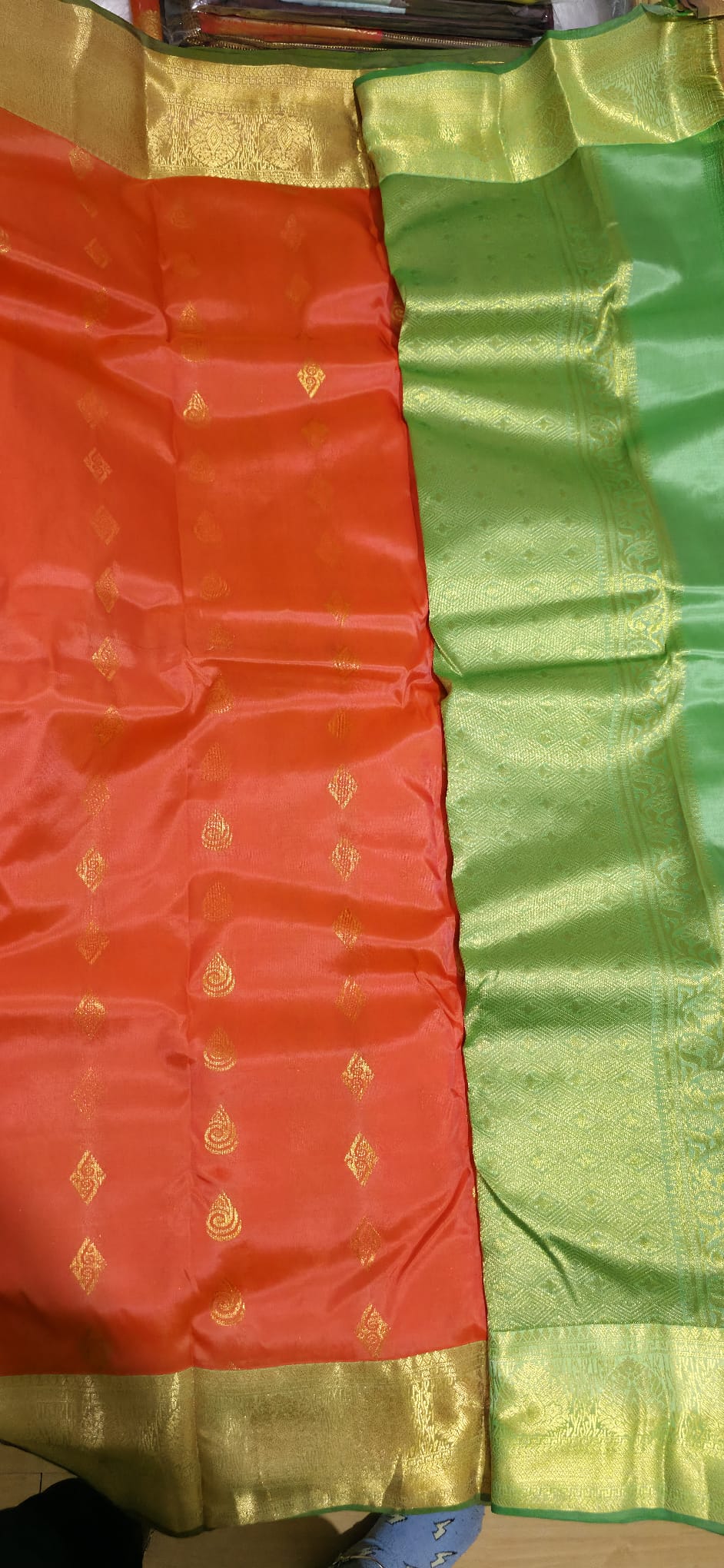 Traditional Orange & Green Soft Silk Saree with Rich Gold Zari