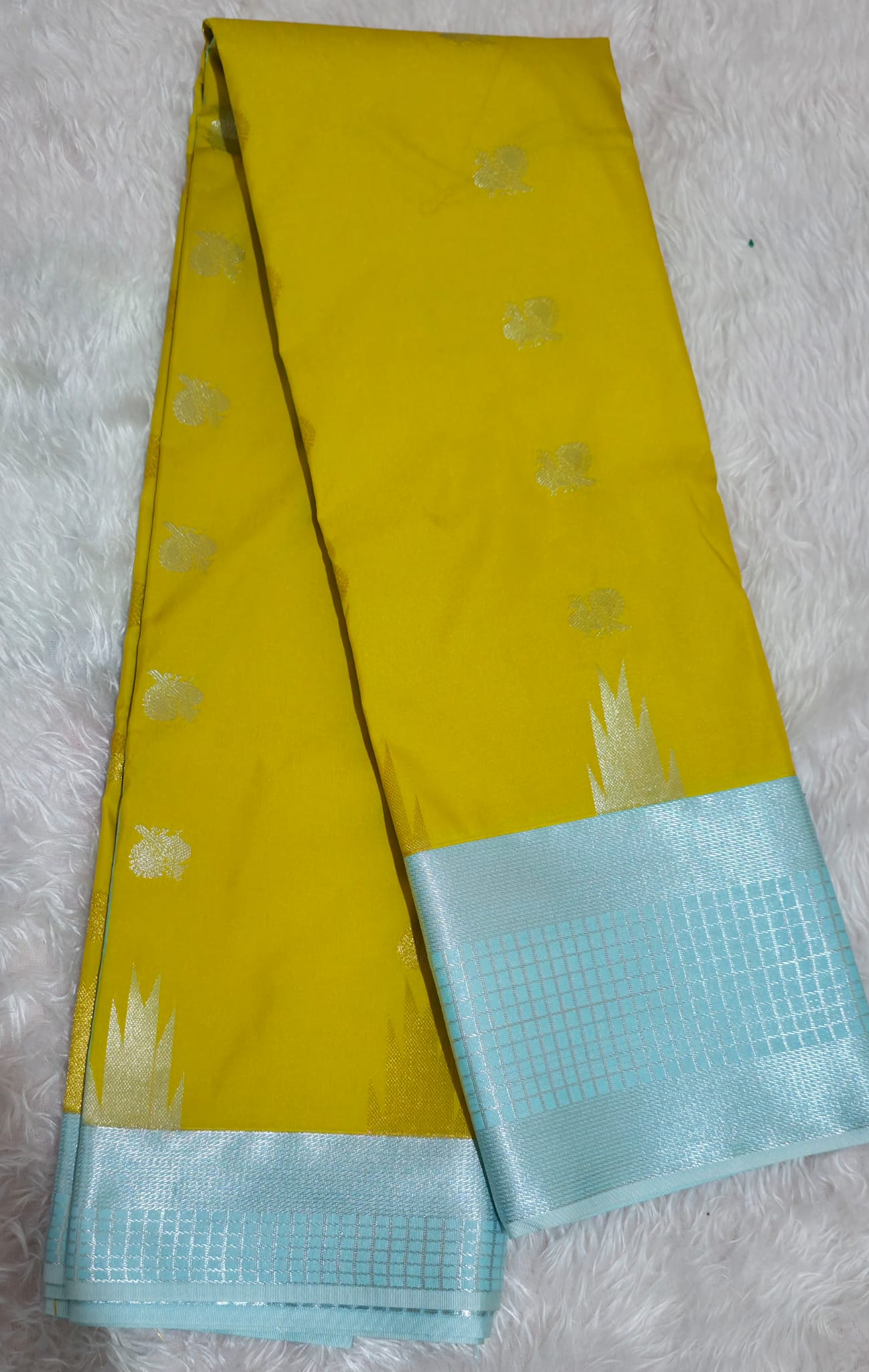 Yellow  Silk Saree with Ice Blue Zari Border