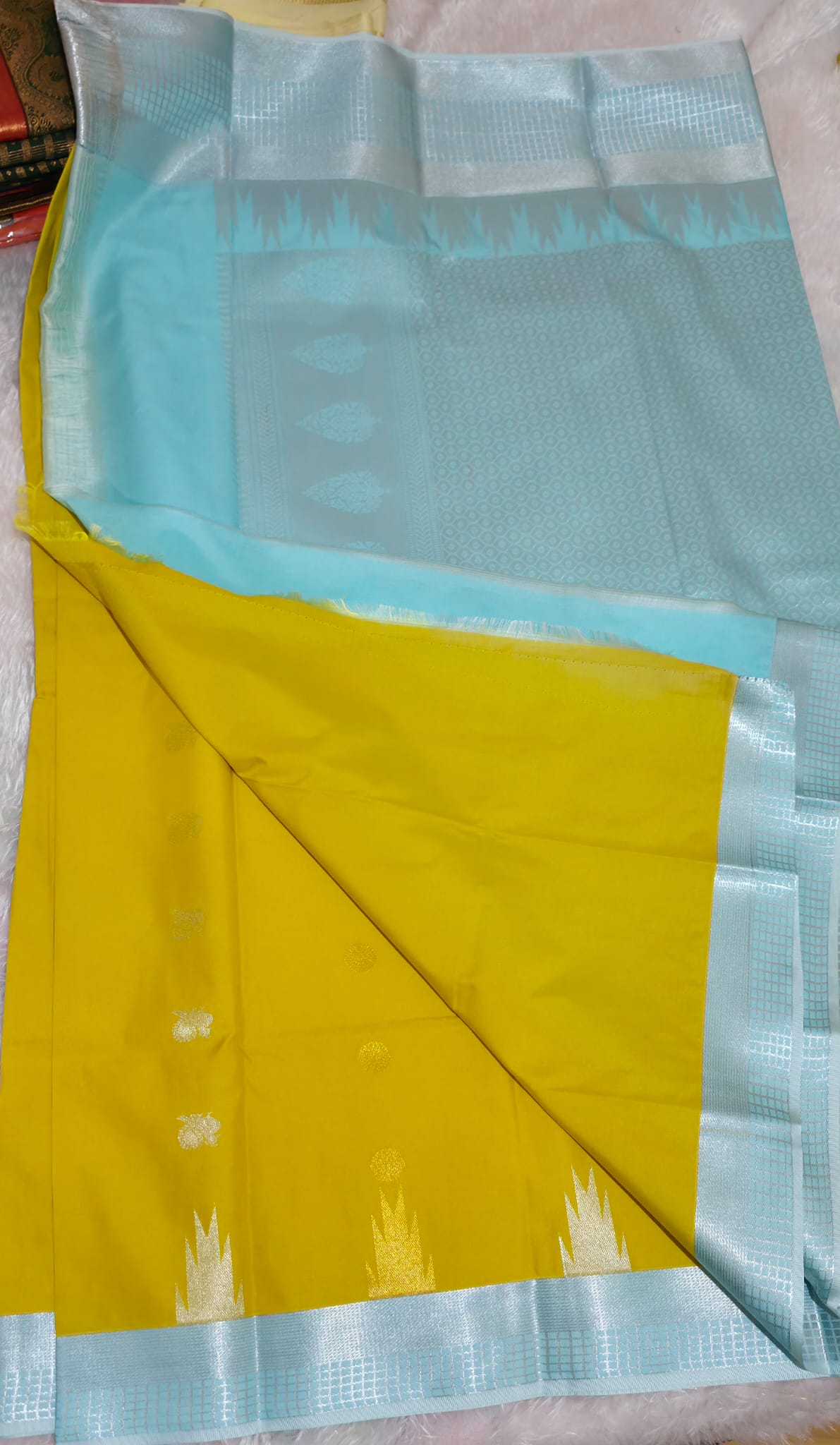 Yellow  Silk Saree with Ice Blue Zari Border