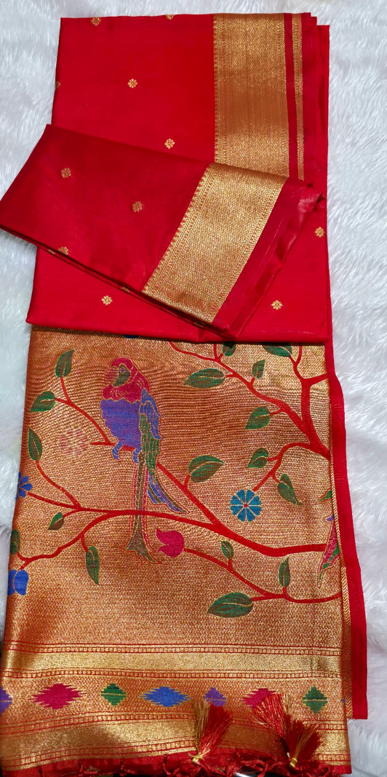 Red Soft Silk Saree with Parrot Design Pallu