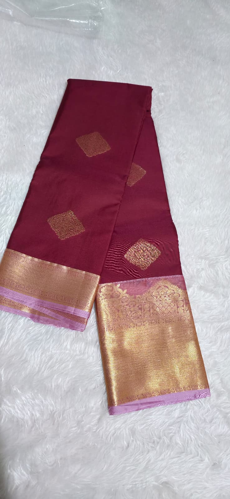 Pinkish Red Saree With Gold Zari Border