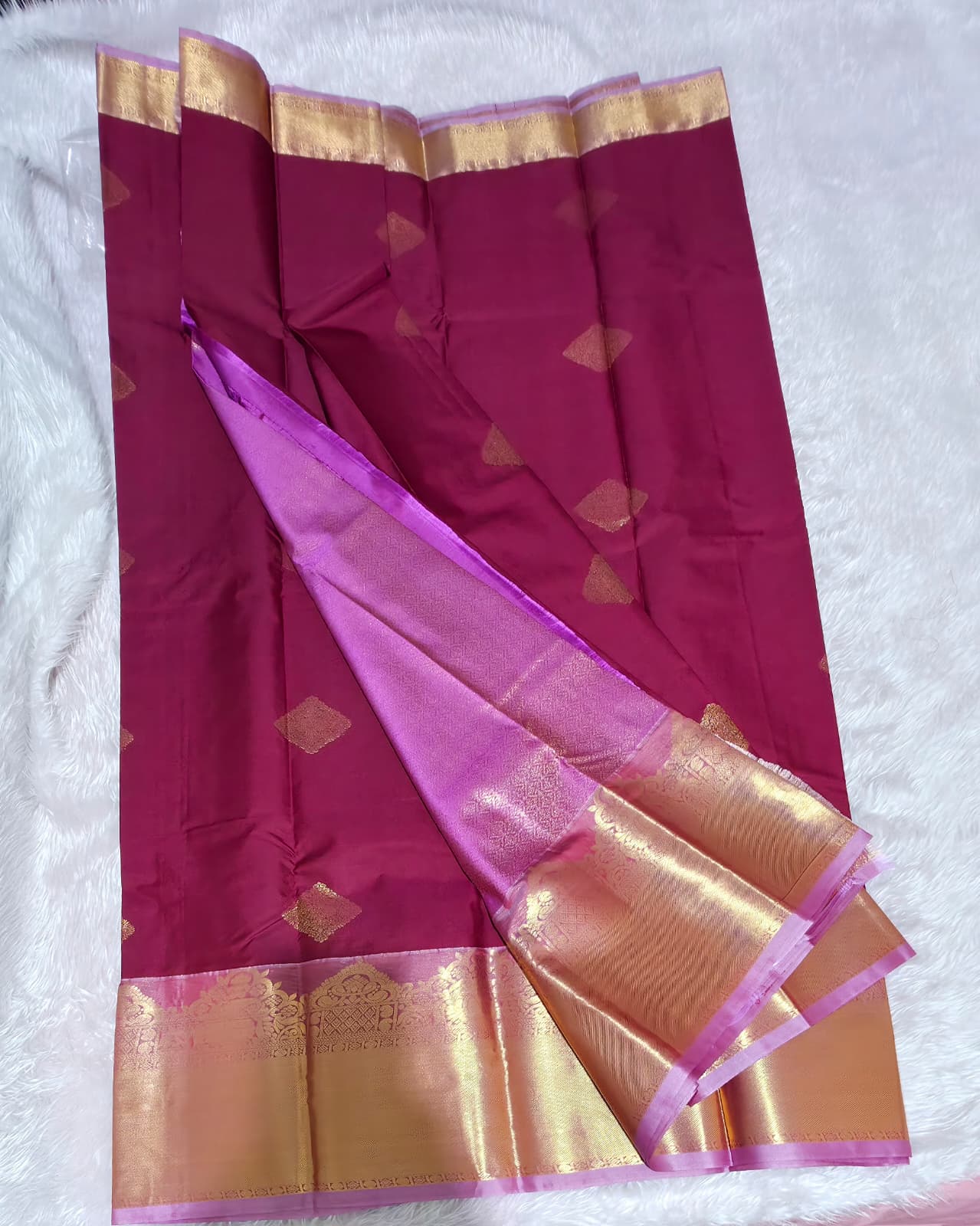 Pinkish Red Saree With Gold Zari Border