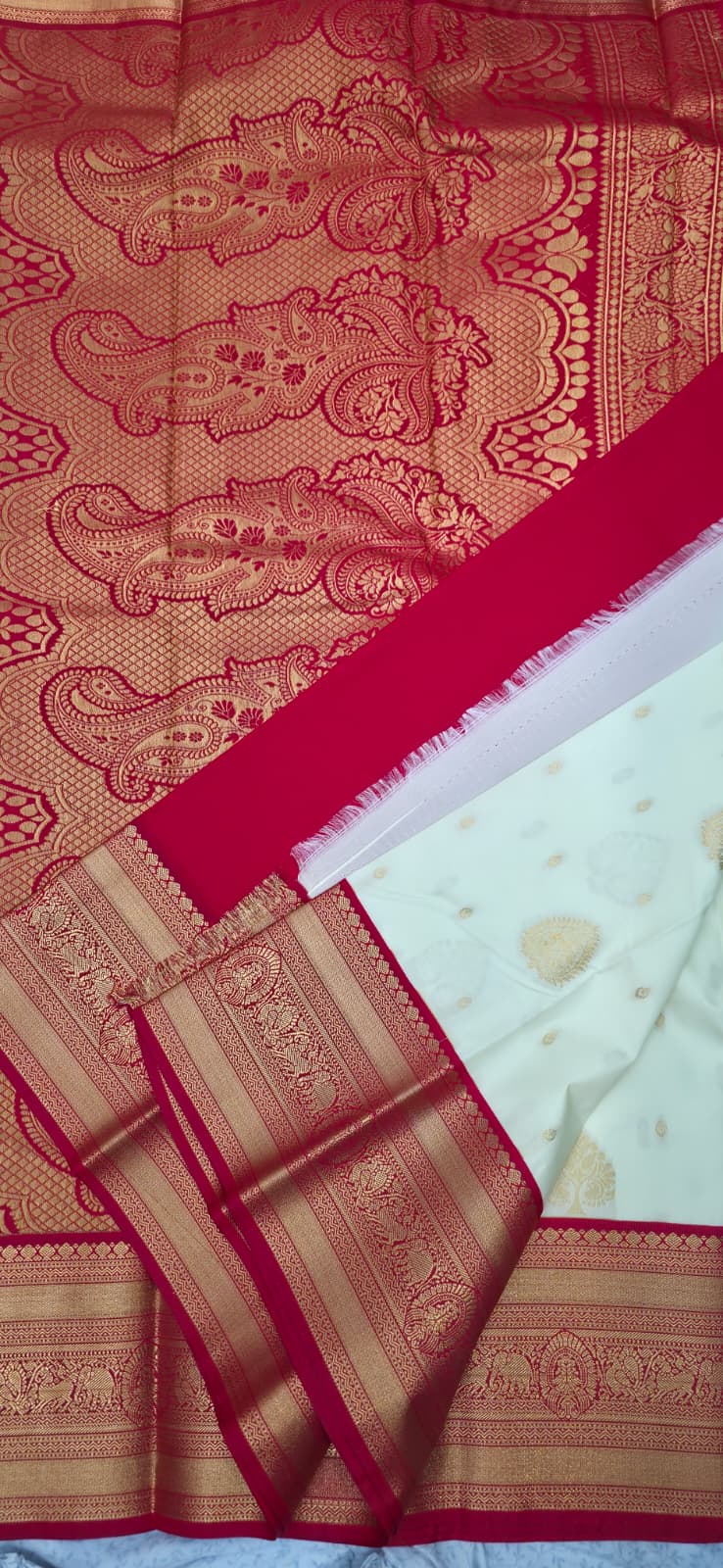 Cream and Red Color Semi Silk Saree