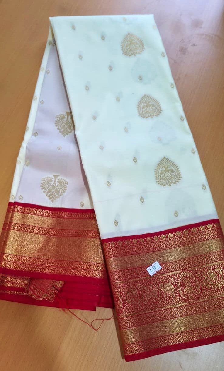 Cream and Red Color Semi Silk Saree