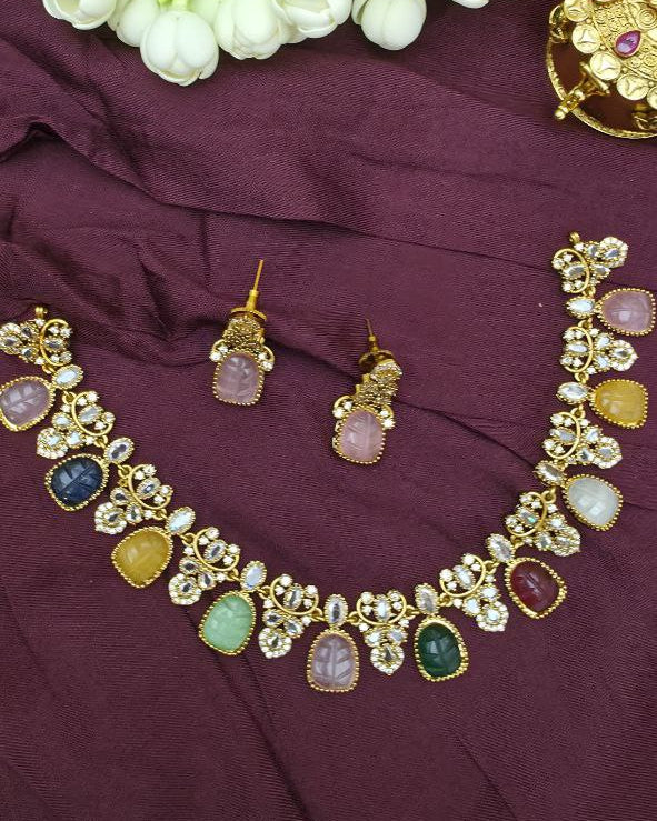 Pastel Navratna Kundan Necklace Set with Matching Earrings